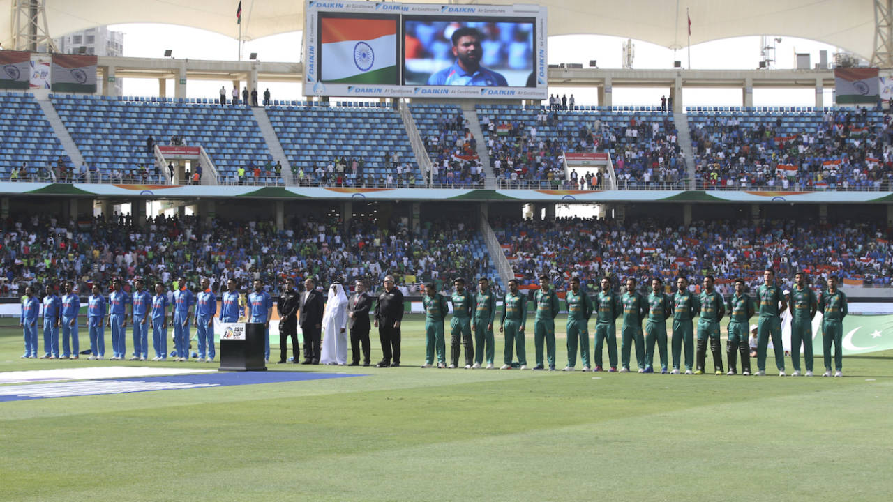 India and Pakistan teams line up for the national anthems, India v Pakistan, Asia Cup 2018, Dubai, September 19, 2018