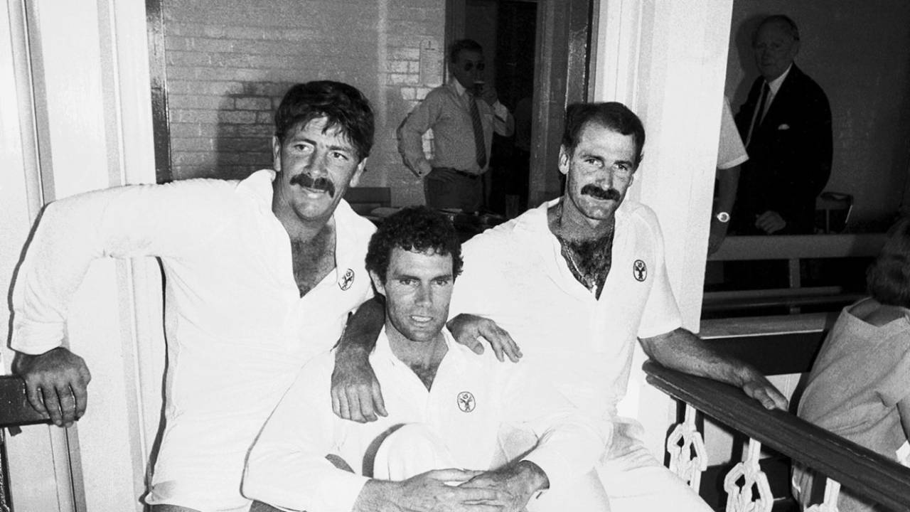Rod Marsh, Greg Chappell and Dennis Lillee pose after their final Test, March 14, 1984