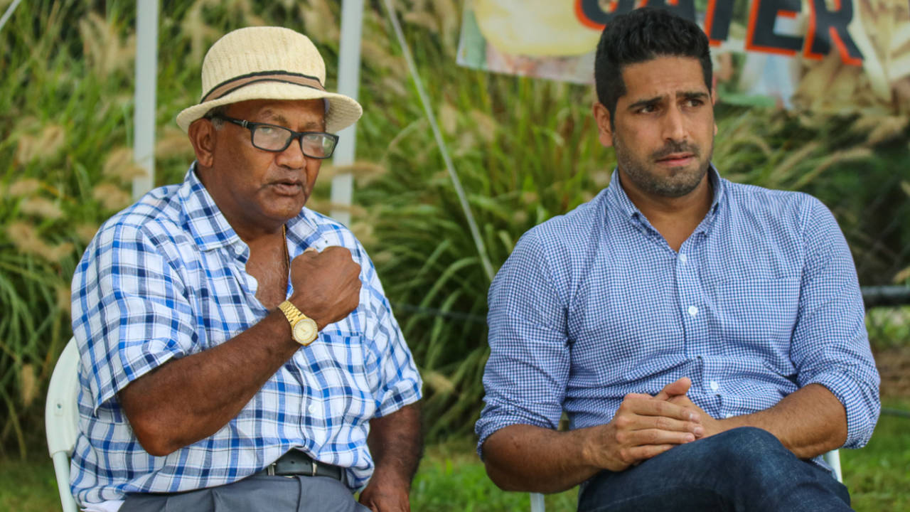 Alvin Kallicharran takes in the match with ICC Americas tournament director Zubin Surkari, Belize v Canada, ICC World Twenty20 Americas Sub Regional Qualifier A, Morrisville, September 20, 2018