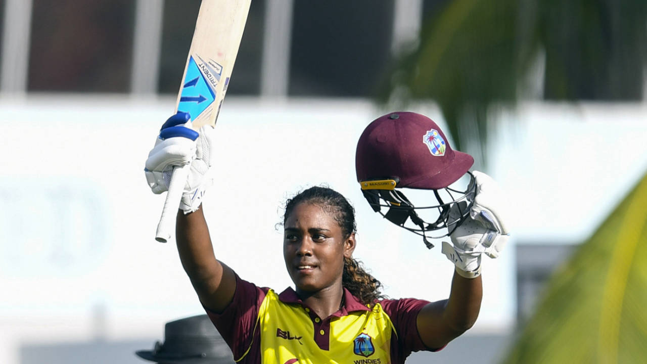Hayley Matthews celebrates her maiden ODI century, West Indies v South Africa, 3rd women's ODI, Bridgetown, September 22, 2018