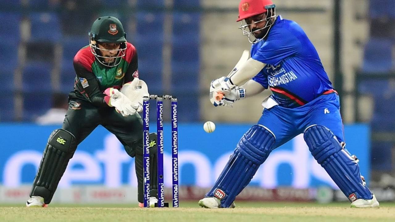 Mohammad Shahzad prepares to flay the ball through the off side, Afghanistan v Bangladesh, 4th match, Super Four, Asia Cup 2018, Abu Dhabi, September 23, 2018