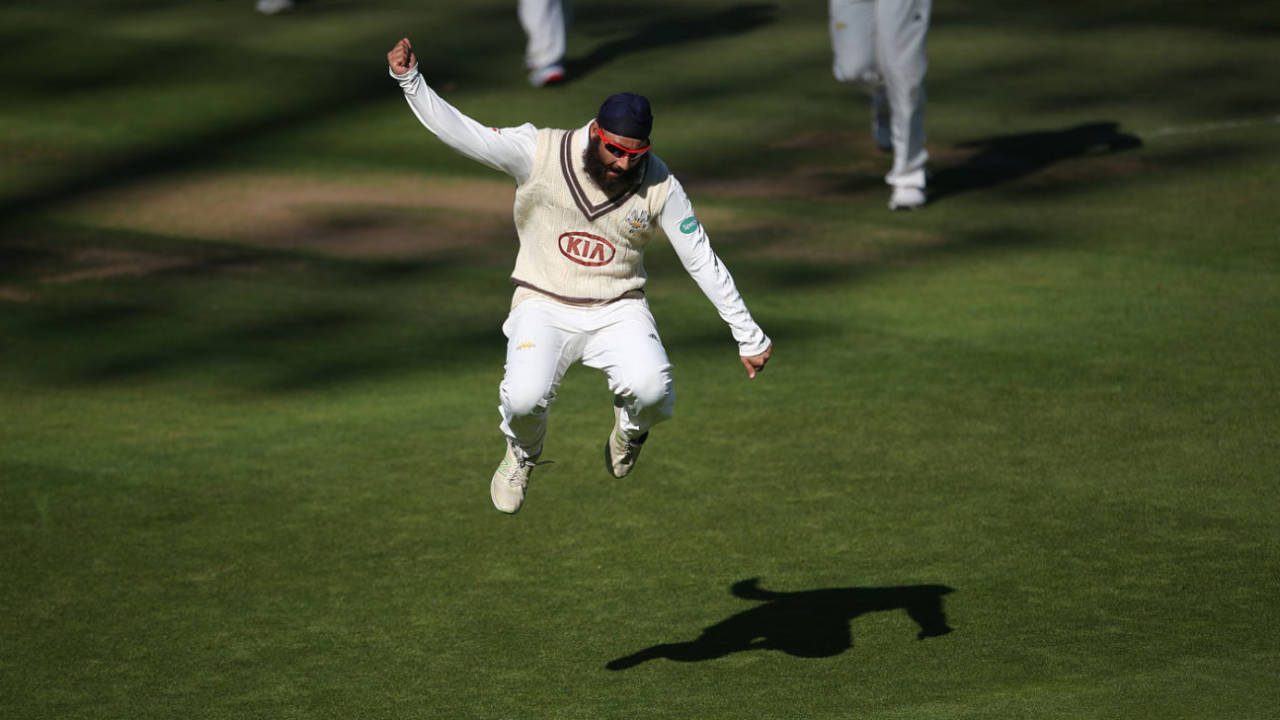 Amar Virdi leaps in jubilation after taking a wicket, Surrey v Essex, County Championship, Division One, The Oval, September 27, 2018