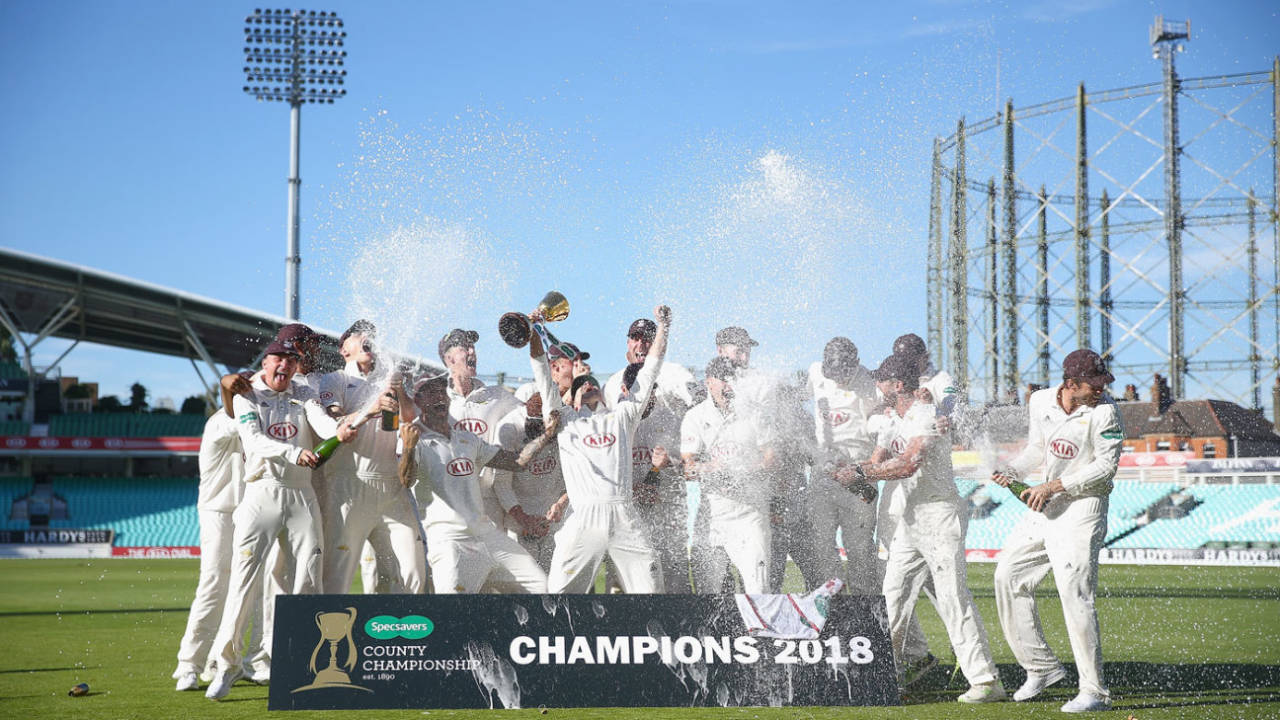 Surrey's players celebrate with the Championship trophy, Surrey v Essex, County Championship, Division One, The Oval, September 27, 2018