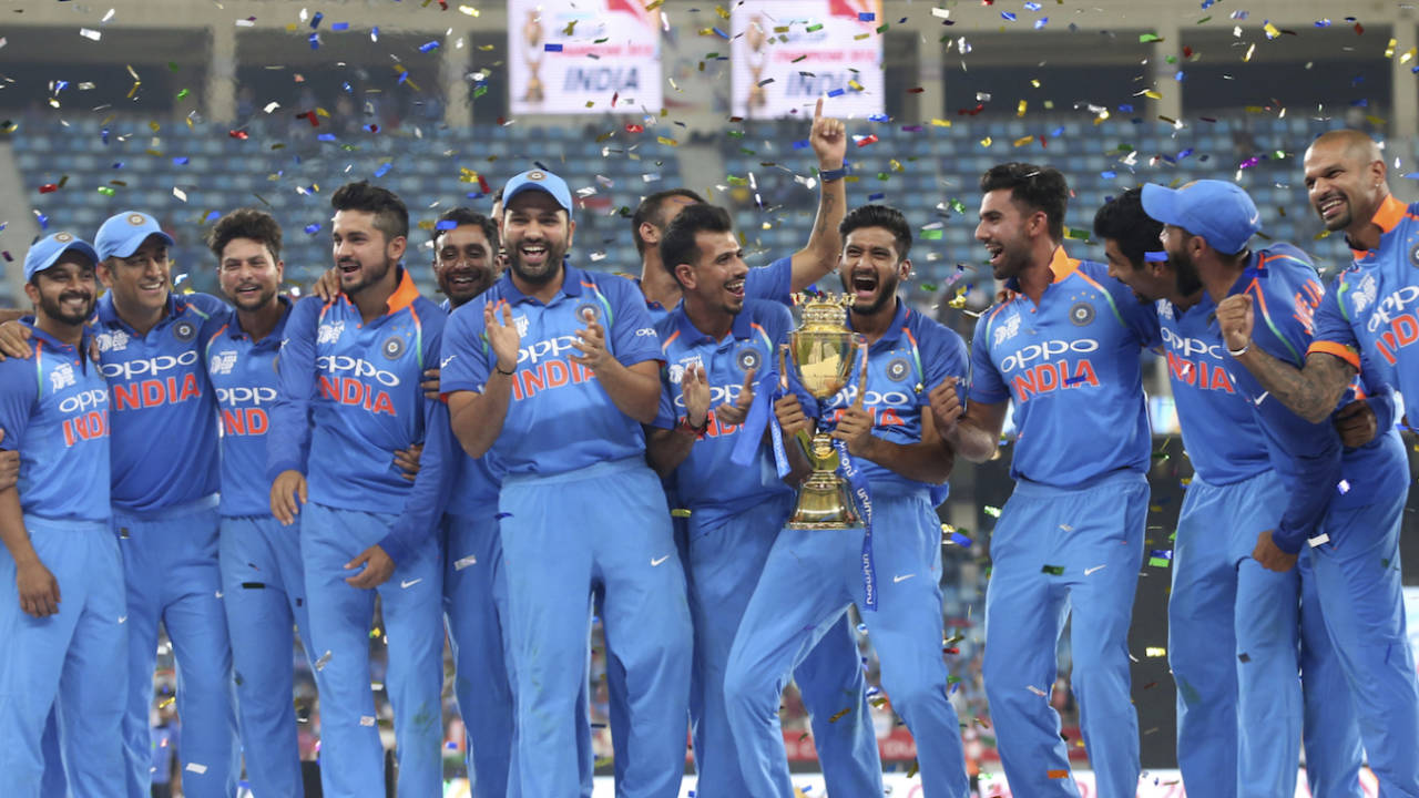 The Indian team celebrates winning the seventh Asia Cup title, Bangladesh v India, Asia Cup final, Dubai, September 28, 2018