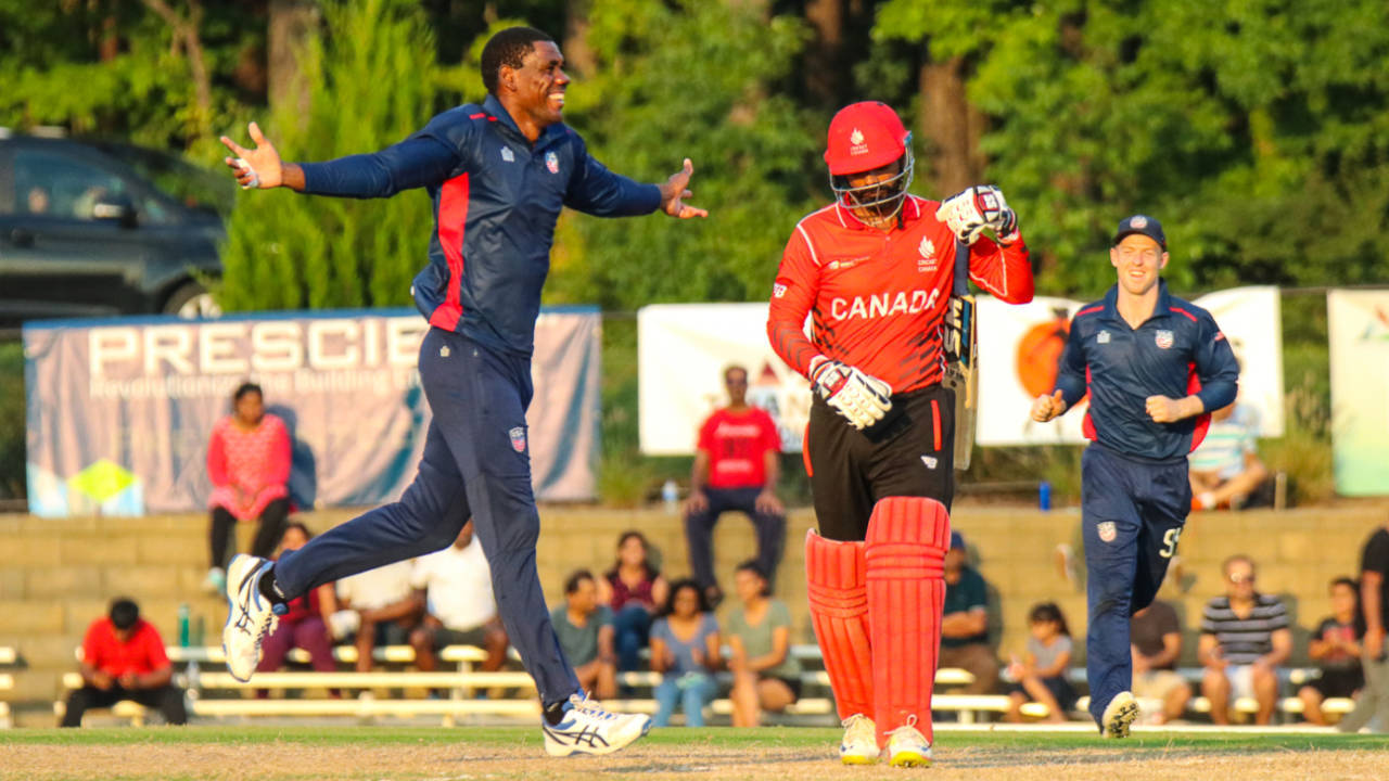 Elmore Hutchinson celebrates after bowling Navneet Dhaliwal, USA v Canada, ICC World Twenty20 Americas Sub Regional Qualifier A, Morrisville, September 22, 2018
