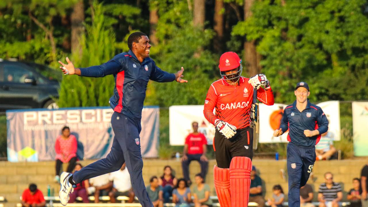 Elmore Hutchinson celebrates after bowling Navneet Dhaliwal, USA v Canada, ICC World Twenty20 Americas Sub Regional Qualifier A, Morrisville, September 22, 2018