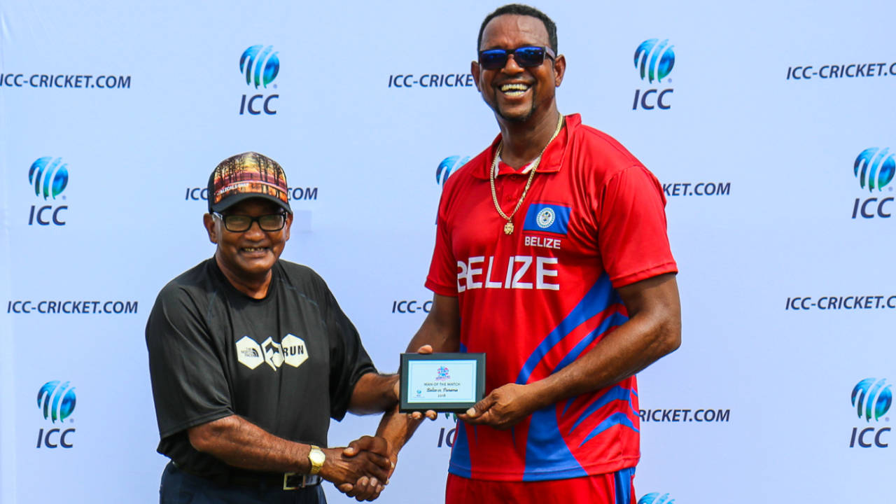 Francis Sutherland accepts his Man of the Match award from Alvin Kallicharran, Belize v Panama, ICC World Twenty20 Americas Sub Regional Qualifier A, Morrisville, September 22, 2018
