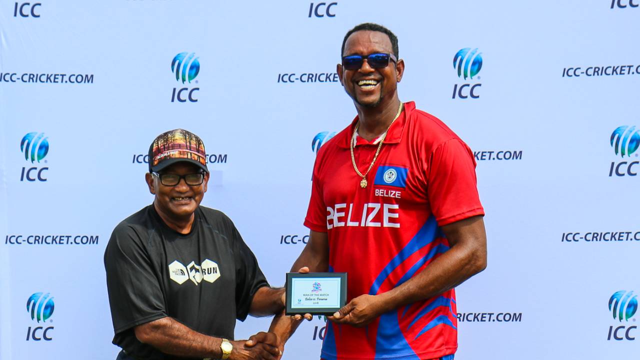 Francis Sutherland accepts his Man of the Match award from Alvin Kallicharran, Belize v Panama, ICC World Twenty20 Americas Sub Regional Qualifier A, Morrisville, September 22, 2018