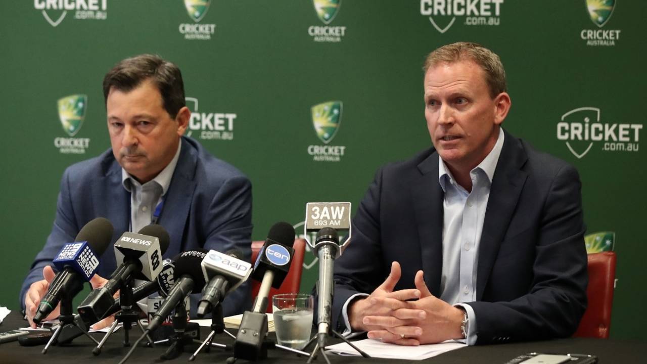 Cricket Australia's new CEO Kevin Roberts and chairman David Peever address the media&nbsp;&nbsp;&bull;&nbsp;&nbsp;Getty Images