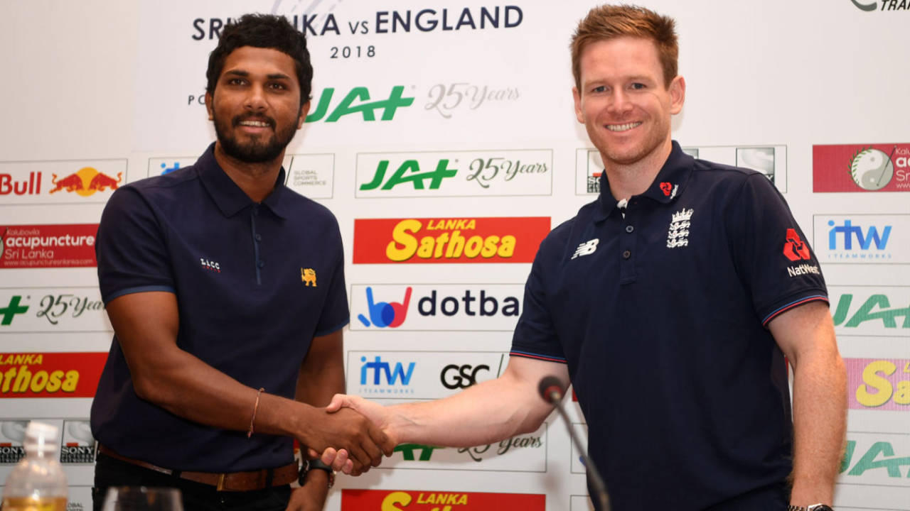 Dinesh Chandimal and Eoin Morgan shake hands ahead of the one-day series&nbsp;&nbsp;&bull;&nbsp;&nbsp;Getty Images
