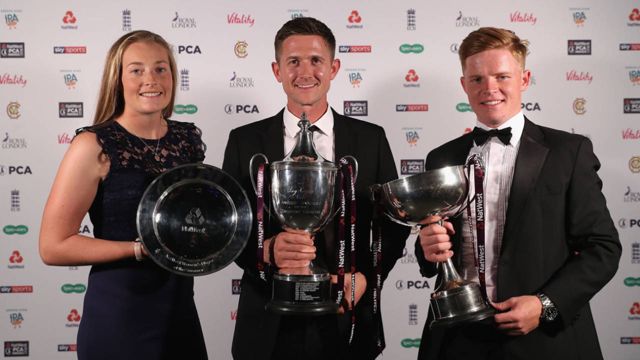 Sophie Ecclestone, Joe Denly and Ollie Pope pose with their PCA awards&nbsp;&nbsp;&bull;&nbsp;&nbsp;Getty Images