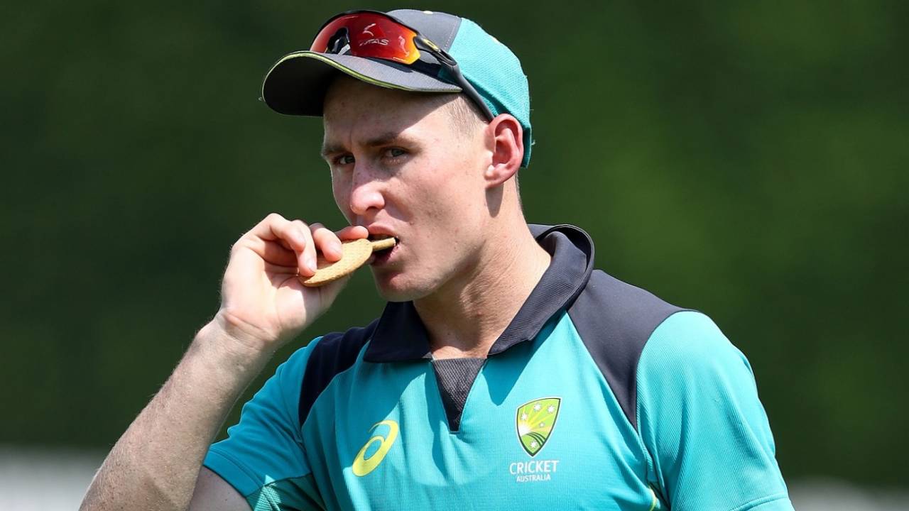 Marnus Labuschagne eats a biscuit during a training session, Dubai, October 5, 2018