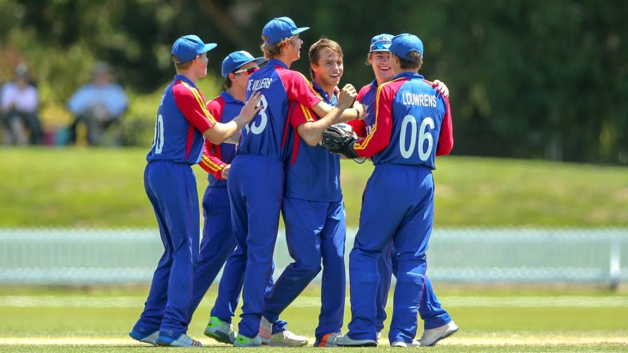 Petrus Burger gets mobbed by his team-mates, Canada v Namibia, Under-19 World Cup, Bert Sutcliffe Oval, January 18, 2018