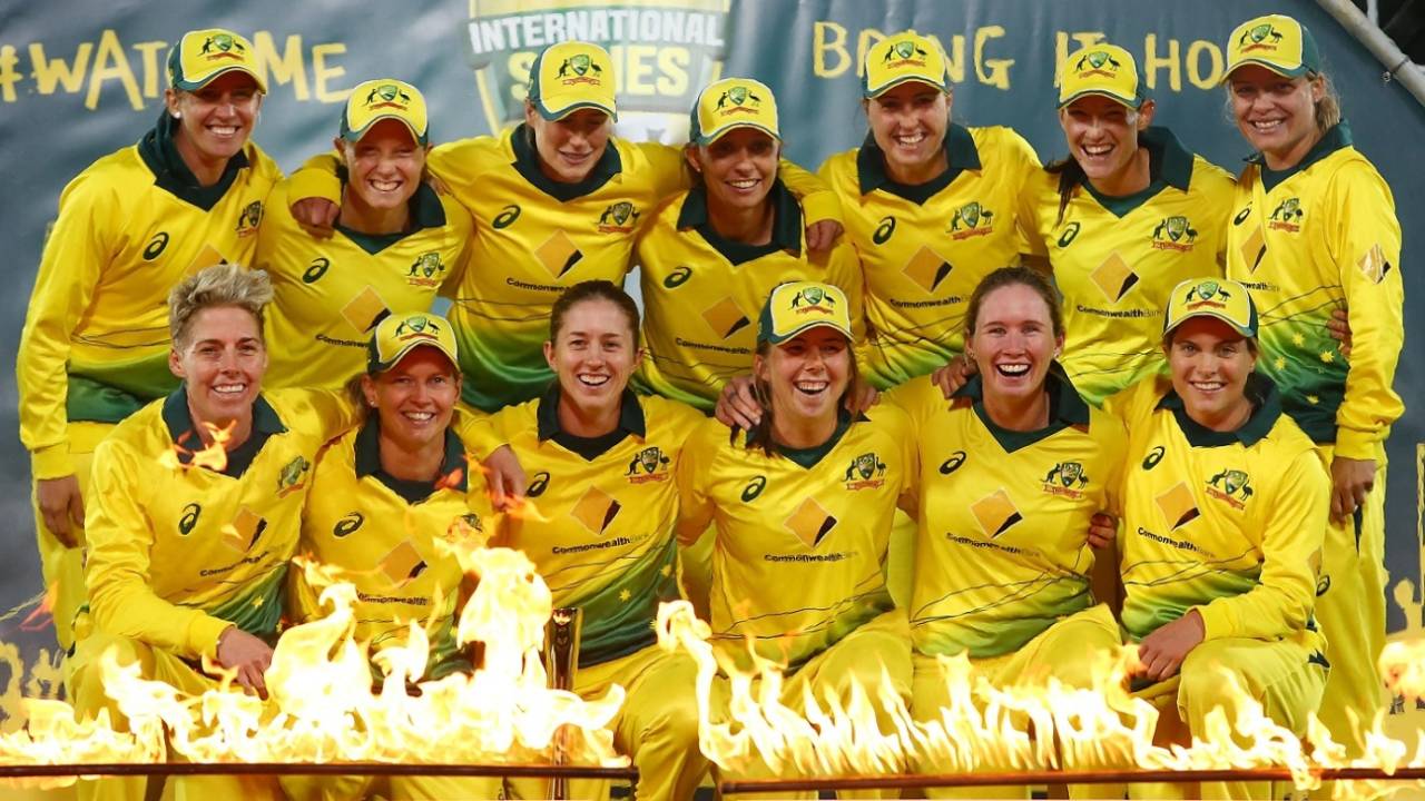 Australia women pose with the trophy after the series win&nbsp;&nbsp;&bull;&nbsp;&nbsp;Getty Images