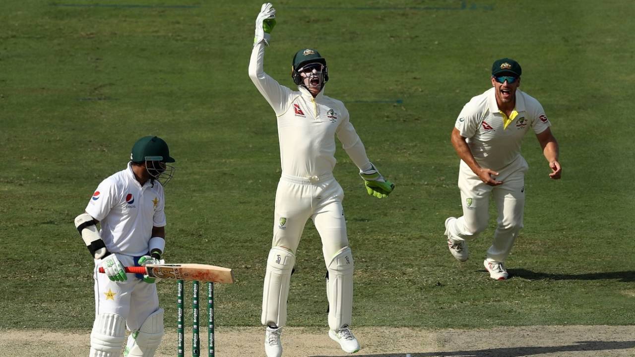 Tim Paine jumps in joy as Imam-ul-Haq departs, Pakistan v Australia, 1st Test, Dubai, 1st day, October 7, 2018