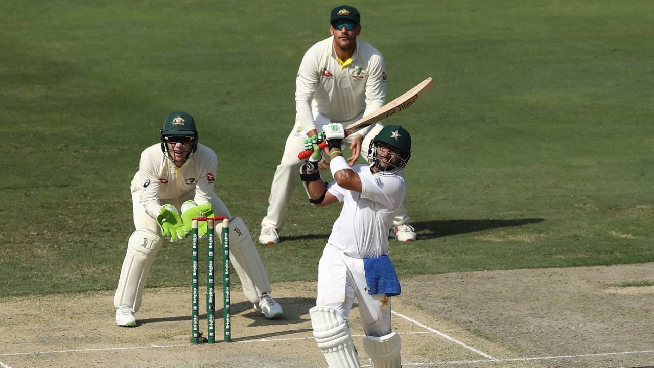 Imam-ul-Haq skips down the track and deposits one over long-on, Pakistan v Australia, 1st Test, Dubai, 1st day, October 7, 2018