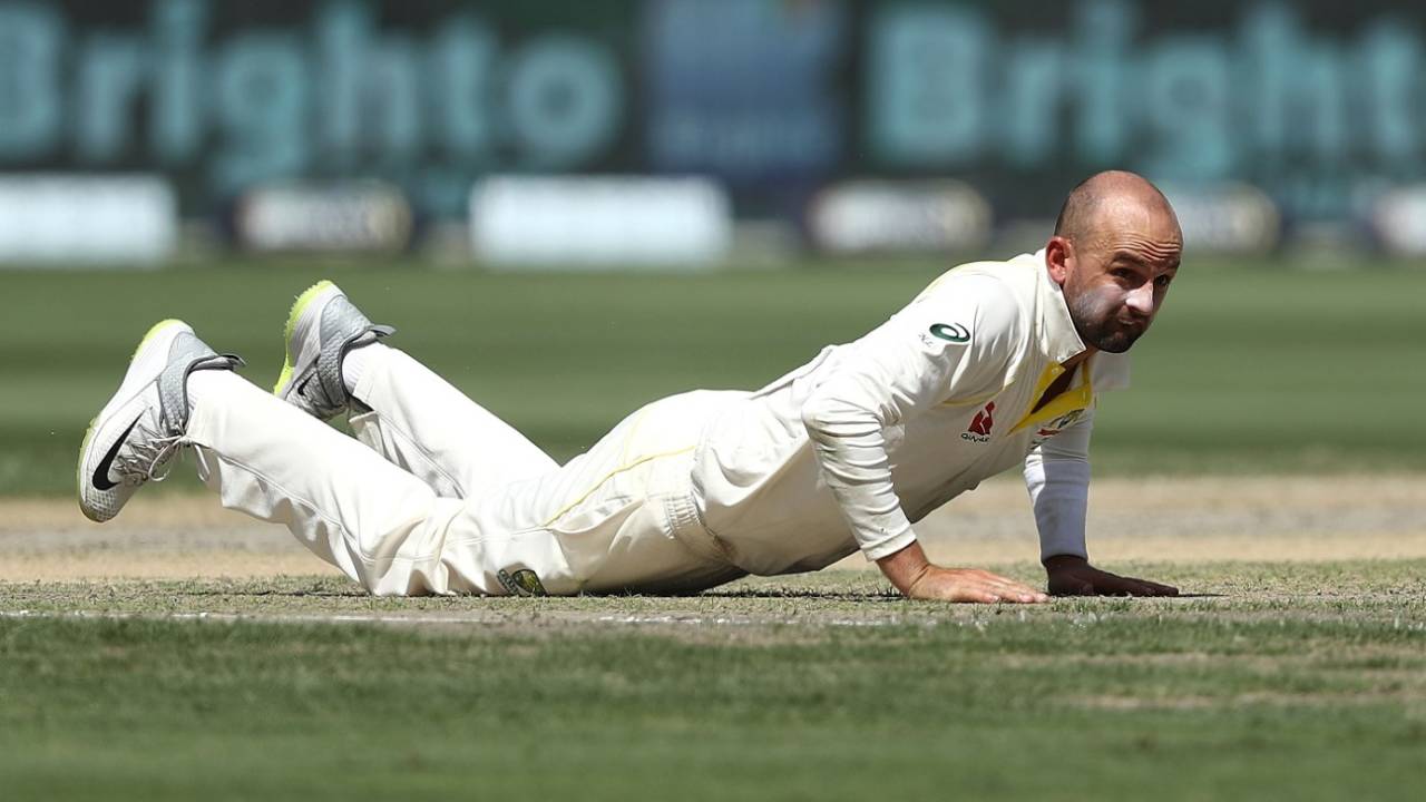 Man down: Nathan Lyon on the floor, Pakistan v Australia, 1st Test, Dubai, 2nd day, October 8, 2018