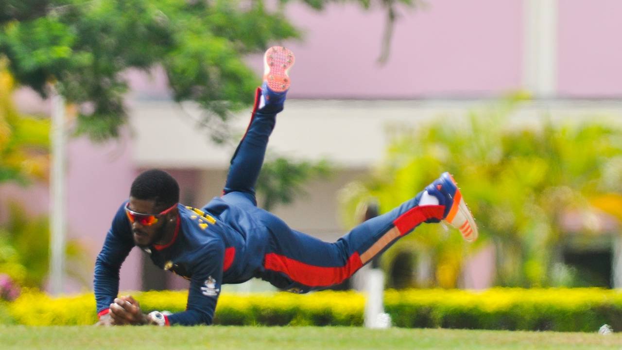 Yannick Ottley takes a brilliant return catch, Leeward Islands v Combined Campuses and Colleges, Super50 Cup, Cave Hill, October 9, 2018