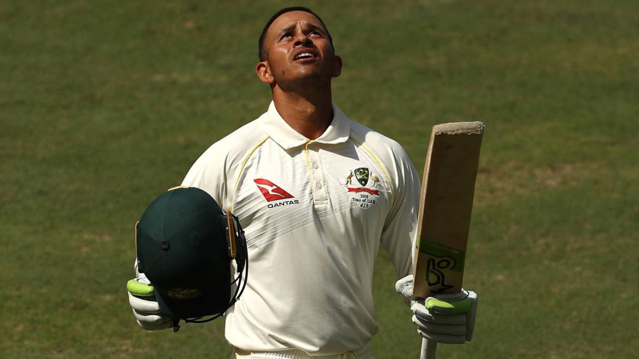 Usman Khawaja looks to the heavens after making his first century in Asia, Pakistan v Australia, 1st Test, Dubai, 5th day, October 11, 2018