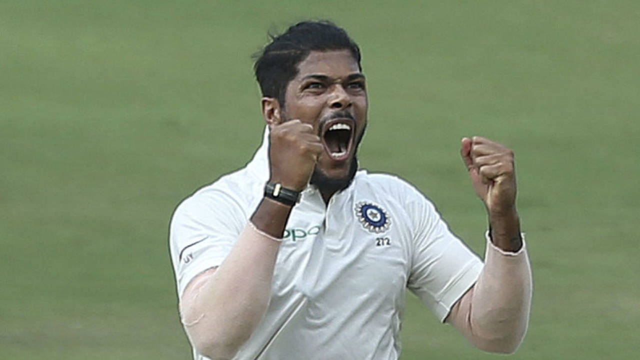 Umesh Yadav celebrates his maiden ten-for in Tests, India v West Indies, 2nd Test, Hyderabad, 3rd day, October 14, 2018
