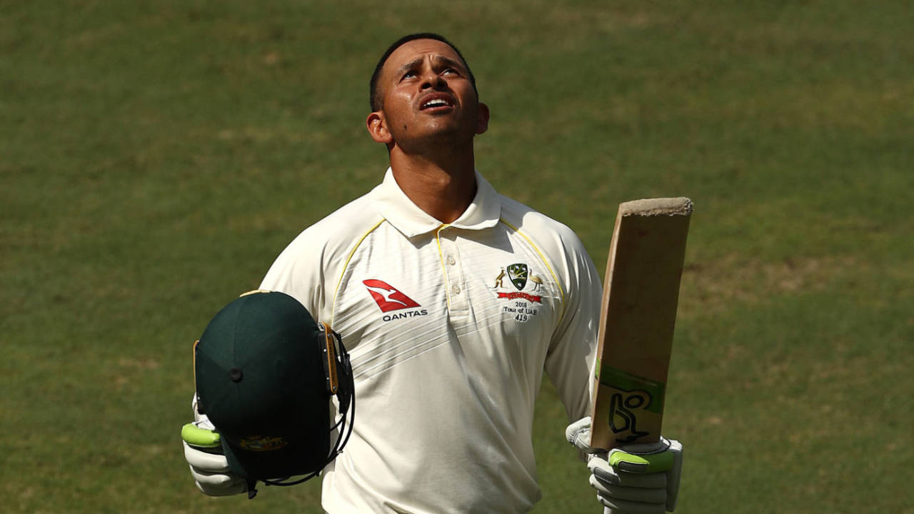 Usman Khawaja looks to the heavens after making his first century in Asia, Pakistan v Australia, 1st Test, Dubai, 5th day, October 11, 2018