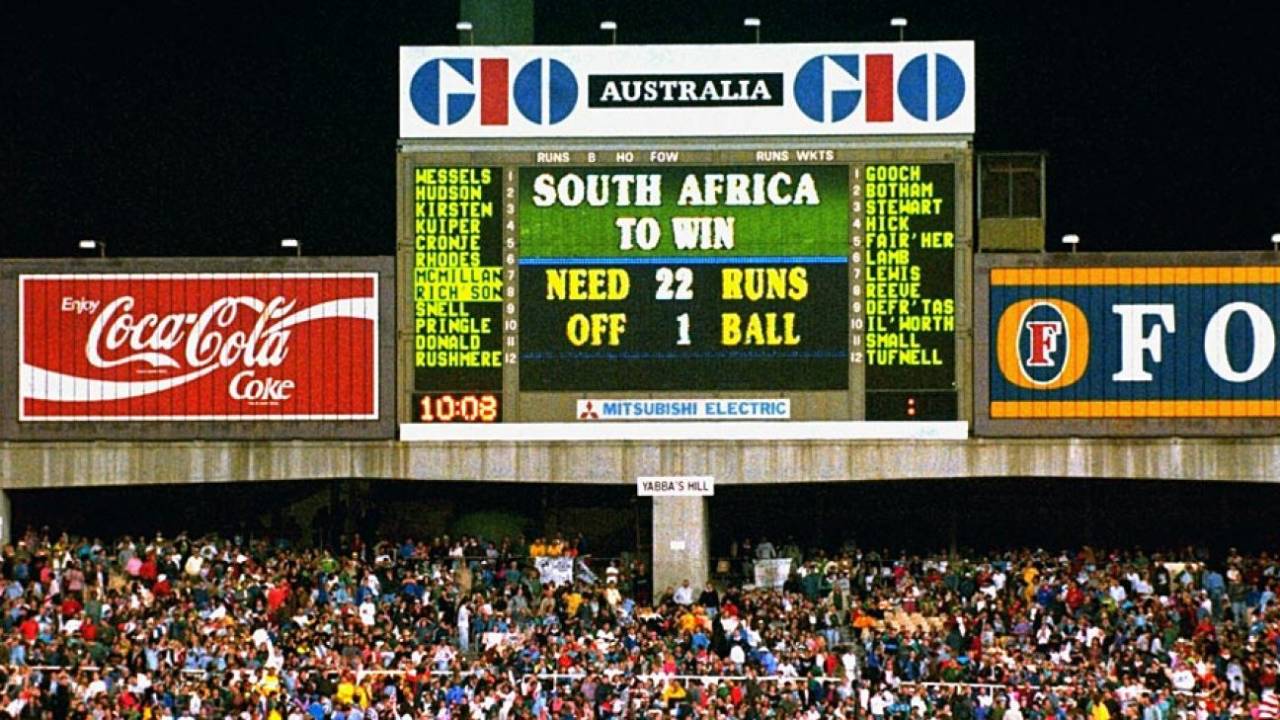 The scoreboard reveals South Africa's impossible task, England v South Africa, World Cup semi-final, Sydney, March 22, 1992