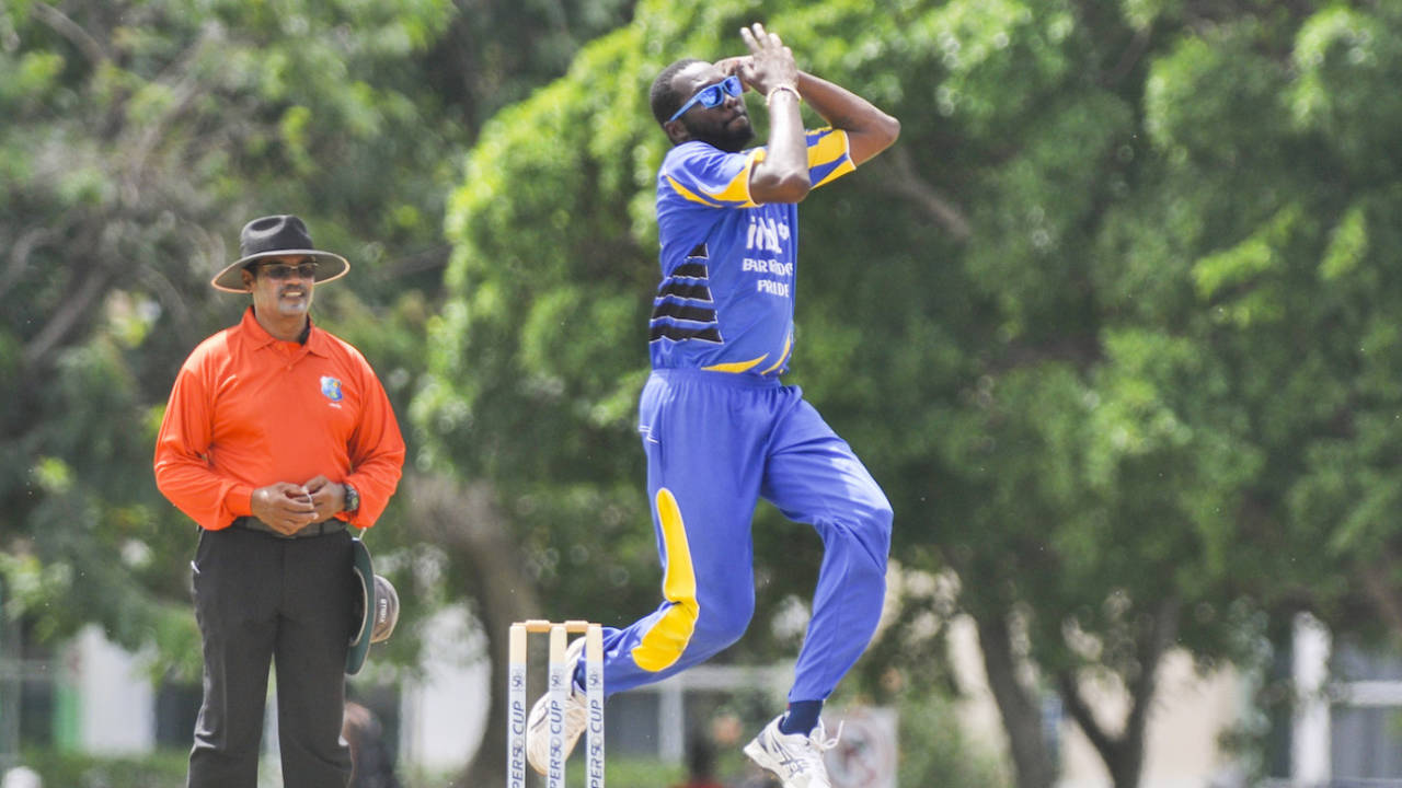 Sulieman Benn leaps in his delivery stride, Barbados v United States of America, Super50 Cup, Group B, Cave Hill, October 16, 2018
