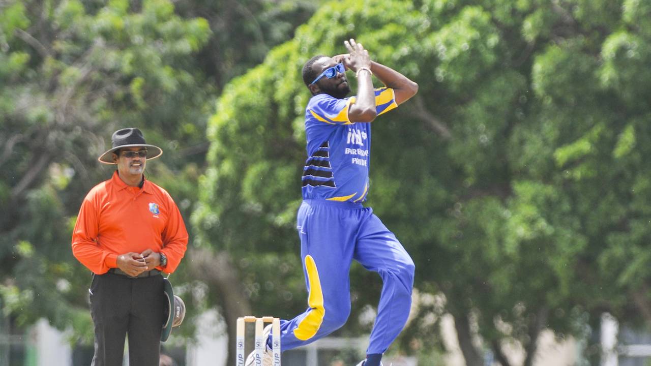 Sulieman Benn leaps in his delivery stride, Barbados v United States of America, Super50 Cup, Group B, Cave Hill, October 16, 2018