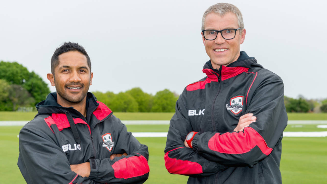 Canterbury assistant coach Dion Ebrahim and head coach Brendon Donkers during the rain break, Canterbury v Northern Districts, Plunket Shield 2018-19, Christchurch, 1st day, October 17, 2018