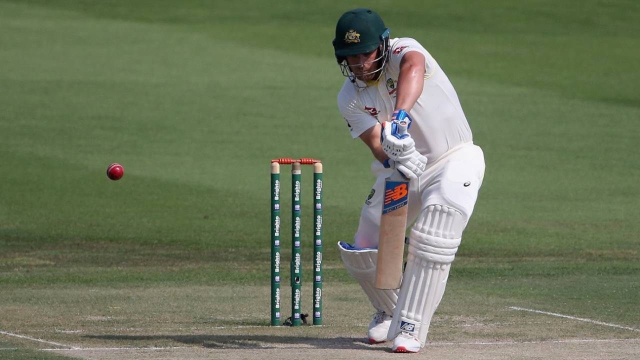 Aaron Finch is a picture of concentration as he defends on the second day, Pakistan v Australia, 2nd Test, Abu Dhabi, 2nd day, October 17, 2018