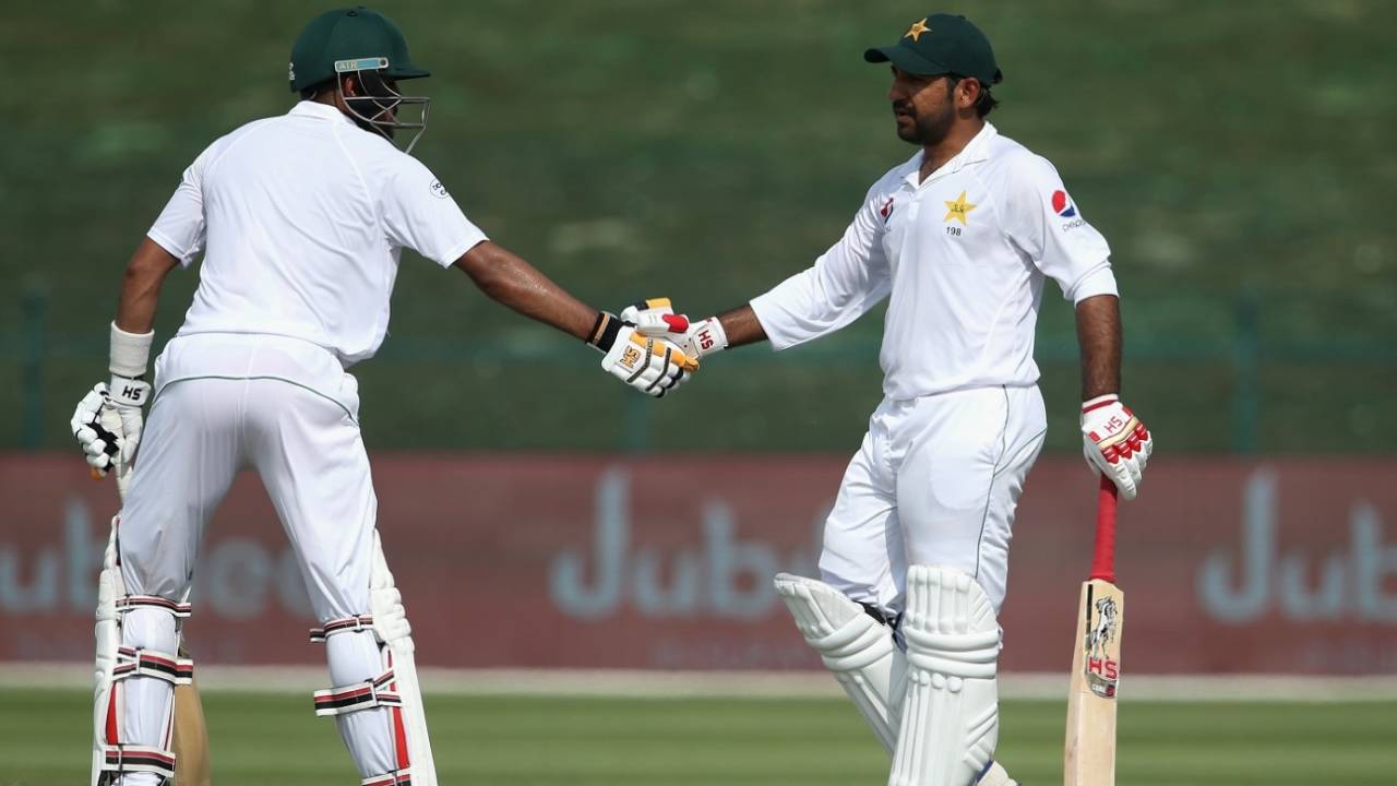 Babar Azam congratulates Sarfraz Ahmed on his second fifty of the Test, Pakistan v Australia, 2nd Test, Abu Dhabi, 3rd day, October 18, 2018