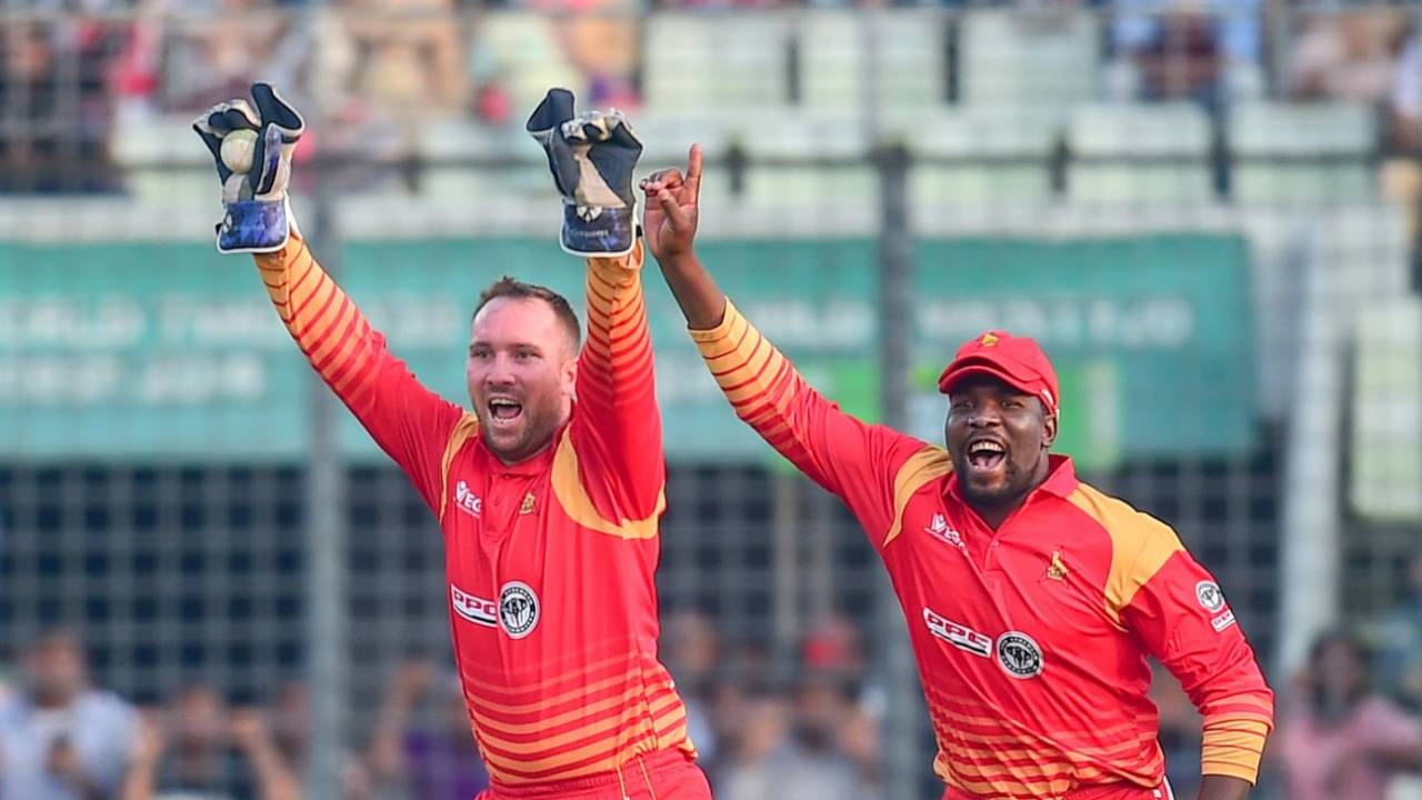Brendan Taylor and Hamilton Masakadza celebrate a wicket, Bangladesh v Zimbabwe, 1st ODI, Mirpur, October 21, 2018