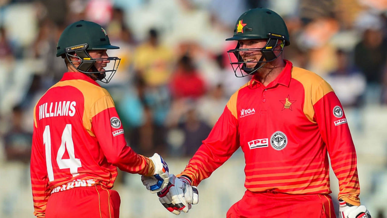 Brendan Taylor and Sean Williams punch gloves during their stand, Bangladesh v Zimbabwe, 2nd ODI, Chittagong, October 24, 2018