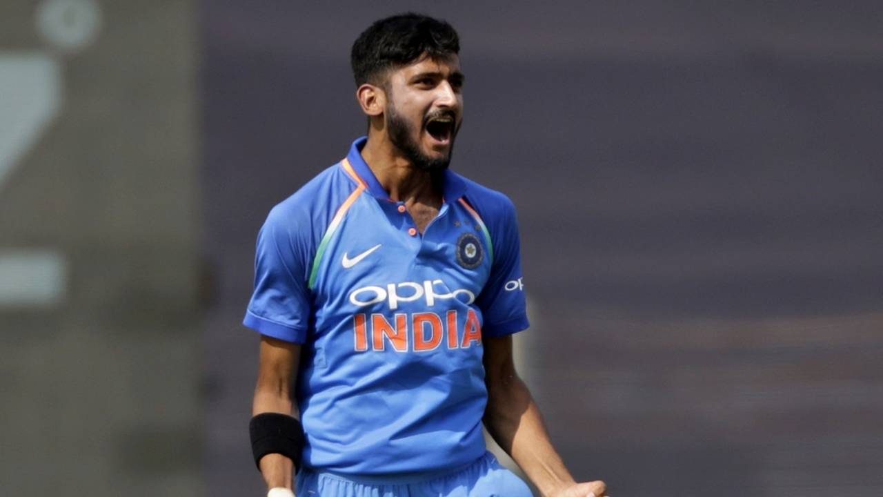 Khaleel Ahmed is thrilled after picking up a wicket, India v West Indies, 3rd ODI, Pune, October 27, 2018