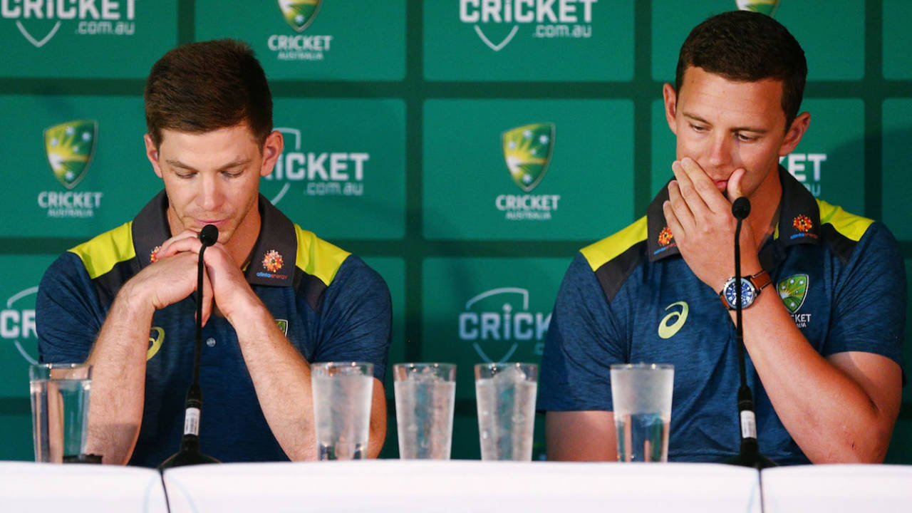 Australia captain Tim Paine and vice captain Josh Hazlewood present the player review at the CA press conference&nbsp;&nbsp;&bull;&nbsp;&nbsp;Getty Images