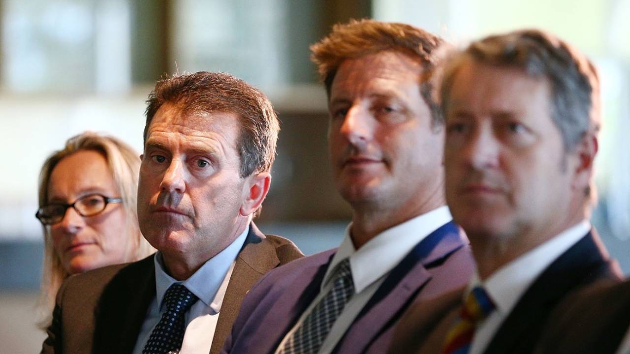 Mark Taylor and Michael Kasprowicz listen to tough findings for Cricket Australia, Melbourne, October 29, 2018