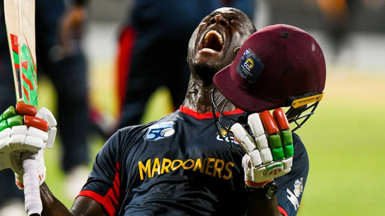 Carlos Brathwaite roars as his team romp to a title win, Guyana v Combined Campuses and Colleges, Super50 Cup final, Bridgetown, October 28, 2018