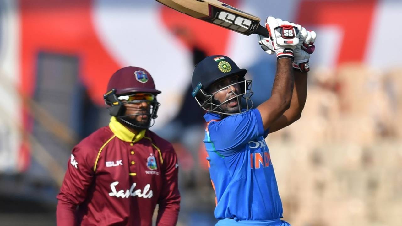 Ambati Rayudu enjoys a six over long on, India v West Indies, 4th ODI, Mumbai, October 29, 2018