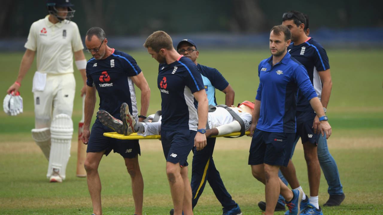 Pathum Nissanka is taken off the field after being hit on the head, Sri Lanka Board XI v England XI, Tour match, Colombo, October 31, 2018