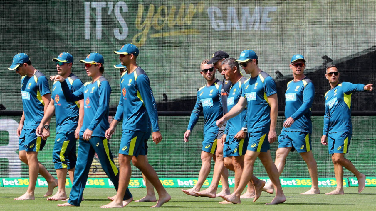 The Australian players walk barefoot around the Perth Stadium, Perth, November 3, 2018