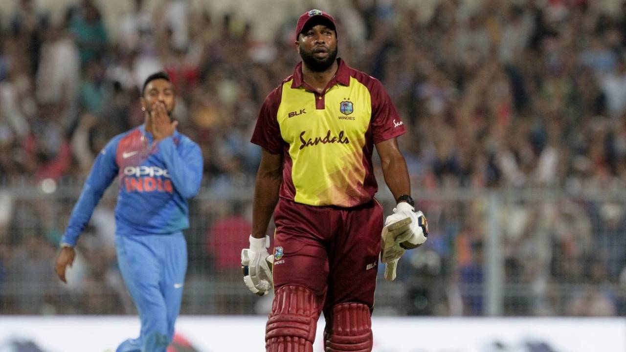 Krunal Pandya blows a kiss to Kieron Pollard after getting his wicket, India v West Indies, 1st T20I, Kolkata, November 4, 2018