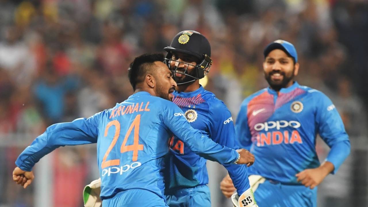 Krunal Pandya celebrates his first international wicket with Dinesh Karthik, India v West Indies, 1st T20I, Kolkata, November 4, 2018