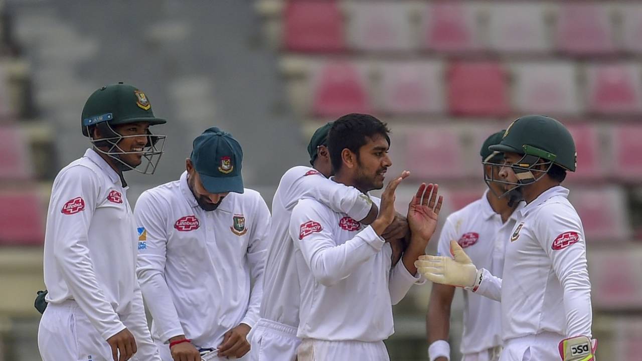 Mehidy Hasan celebrates a wicket with his team-mates, Bangladesh v Zimbabwe, 1st Test, Sylhet, 3rd day, November 5, 2018