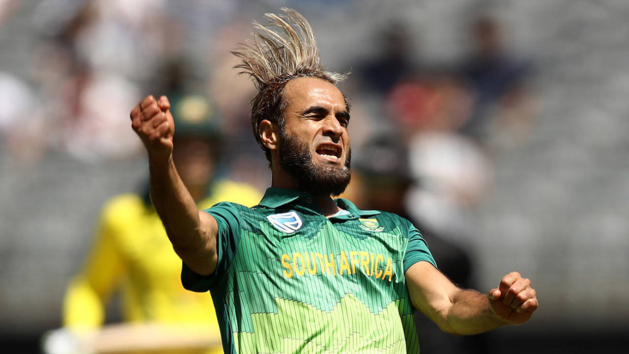 Imran Tahir celebrates the wicket of Alex Carey, game one of the Gillette One Day International series, Australia v South Africa at Optus Stadium, November 04, 2018 in Perth, Australia.
