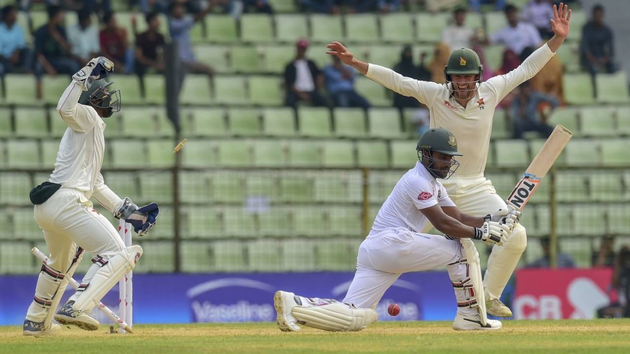 Imrul Kayes was bowled around his legs, Bangladesh v Zimbabwe, 1st Test, Sylhet, 4th day, November 6, 2018