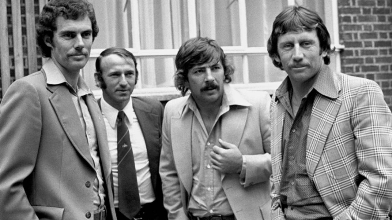 Greg Chappell, Doug Walters, Rod Marsh and Ian Chappell outside their Kensington hotel, World Cup, London, May 29, 1975