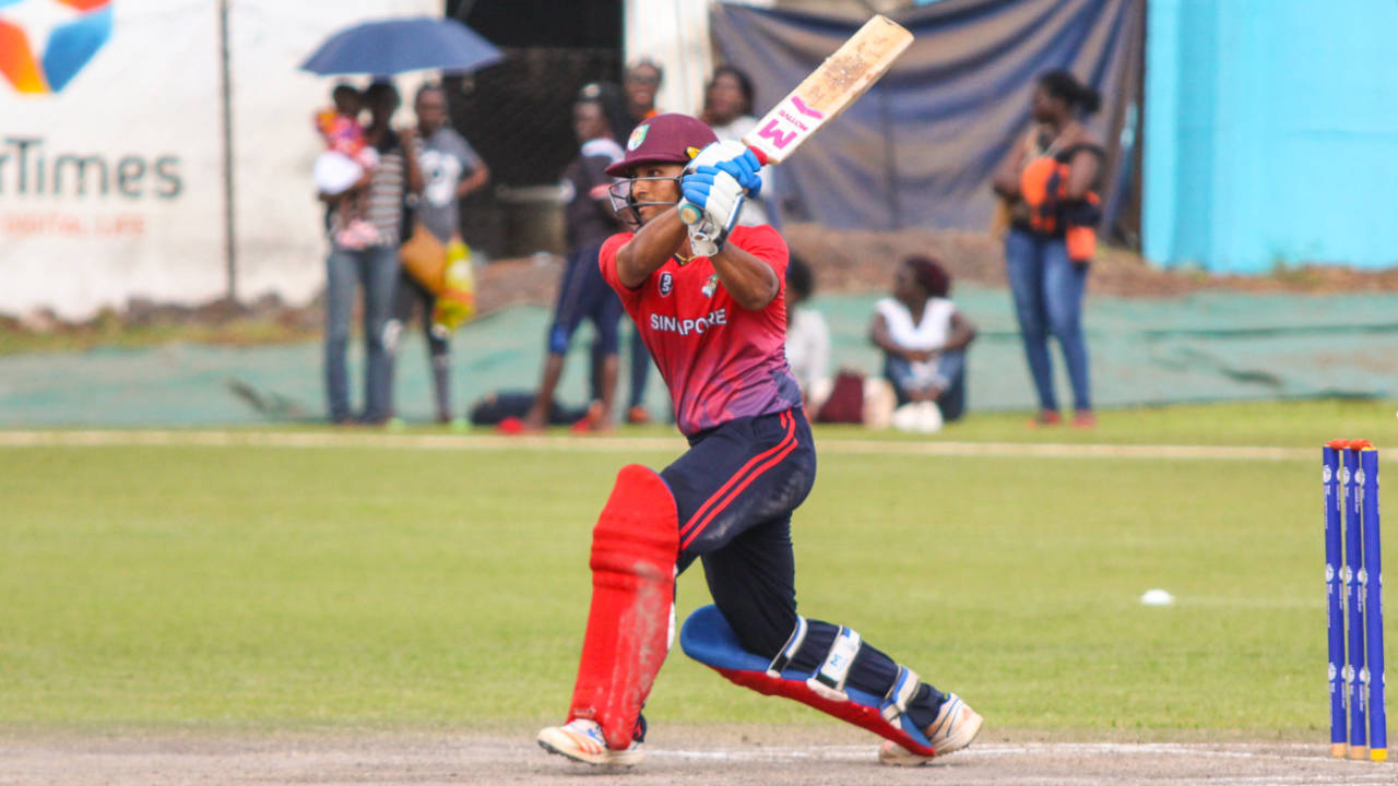 Chetan Suryawanshi drives down the ground, Singapore v USA, ICC World Cricket League Division Three, Kampala, May 26, 2017