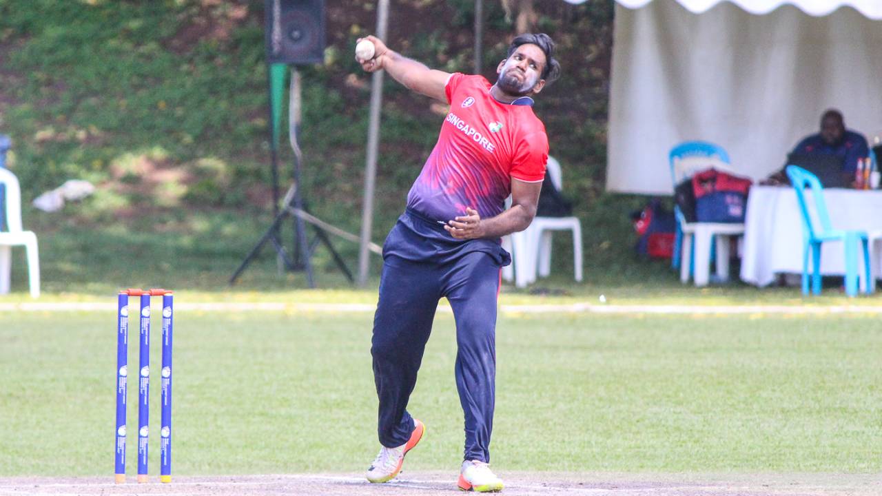 Anantha Krishna spins through his delivery, Singapore v USA, ICC World Cricket League Division Three, Kampala, May 26, 2017