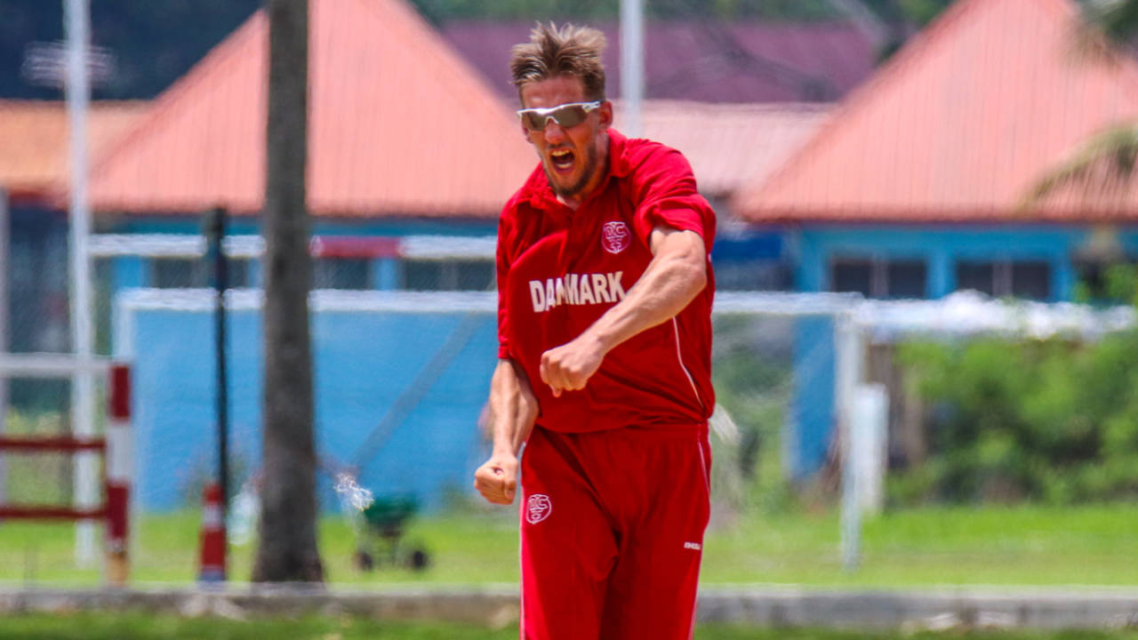 Nicolaj Laegsgaard erupts after taking a wicket, Denmark v Malaysia, ICC World Cricket League Division Four, Bangi, May 2, 2018