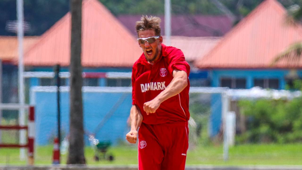 Nicolaj Laegsgaard erupts after taking a wicket, Denmark v Malaysia, ICC World Cricket League Division Four, Bangi, May 2, 2018
